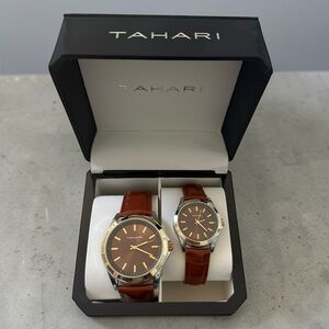 New Beautiful Tahari His & Hers Matching Watch Set Bronze Face with Brown Bands